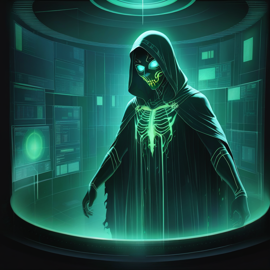 10681-3626523830-quanxi3d,a holographic projection,A shadowy specter emerges from the darkness, clad in a tattered black cloak, its face conceale.png